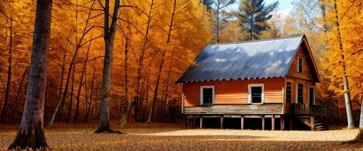 Prompt: Old orange house in autumn forest at noon