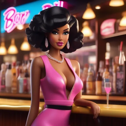 Prompt: 3d art pin-up girl skin black  hair brown skin  in the barbie bar