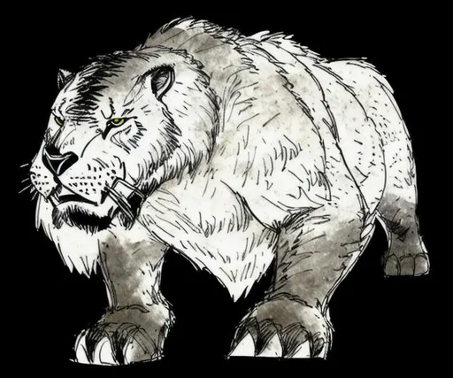 Prompt: sabre tooth , pen draw texture, papper background, fast sketch, no color, portrait, black and white, concept art, pen, full body, , quick drawing, scribble art, pencil sketch,  sketch, skyrim, men by Edward Ardizzone