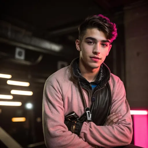Prompt: A 20 year old  handsome American boy smirking with short curled hair and black eyes with a pointed nose and hairy eyebrow with pink lower lip and brown upper lip with a cyberpunk background, super highly detailed, intricate details, 8k, Ultra HD, Professional, Sharp focus, studio photo, Render, Realism 