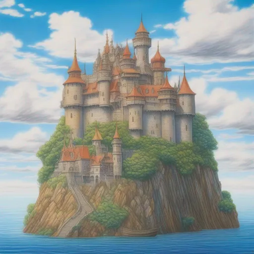 Prompt: Colored pencil anime picture of a floating castle, partly sunny sky, highly detailed, hayao miyazaki