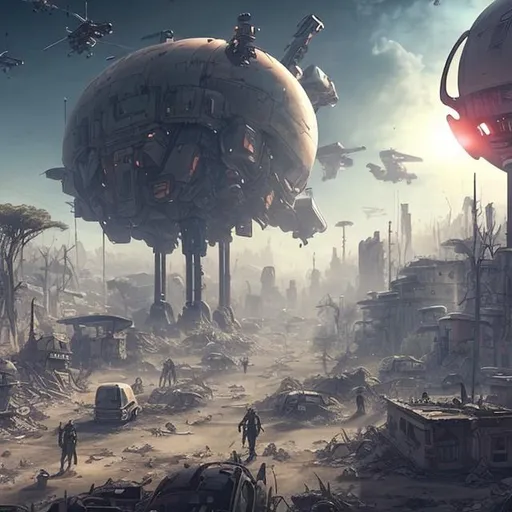 Prompt: Post apocalyptic town with futuristic tech on a surrounded by dead trees and a massive flying blimp and with mechs fighting people and a futuristic city in the background 
