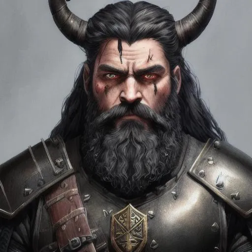 Prompt: ultra realistic face, oil painting, upper body, wears Scale armour , male Human character, has long great black beard that rests upon his shoulders, male braids, His Eyes are glowing Red, wielding a great Hammer, He has a scar on his Face, He is a Bloodhunter, DnD, She is located in a Dark forest. He has Dark Stag Horns, She has dark ashen skin colour, He looks like the Turkic God Erlik,