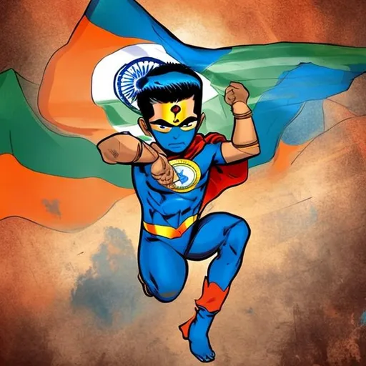 Prompt: Indian superhero called Aryaman with india flag 