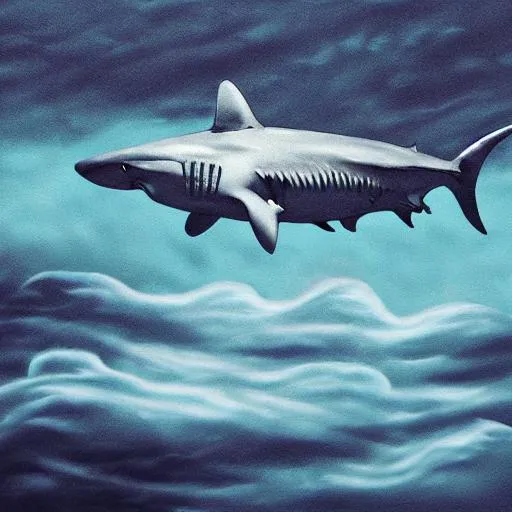 Prompt: shark floating in clouds art