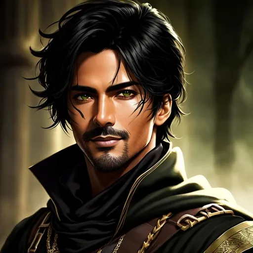 Prompt: A handsome male, green eyes, dark black hair, smiling, full lips, early 30s, tan skin, black cloak, handsome face, prominent long scar over left eye + Full HD render + immense detail + dramatic lighting + well lit + black, character sheet, + fine esoteric symbolism, ultra - detailed realism, soft cinematic lighting, highly detailed, digital painting, artstation, concept art, smooth, sharp focus, 8k, hyper detailed, intricate detail, photorealistic