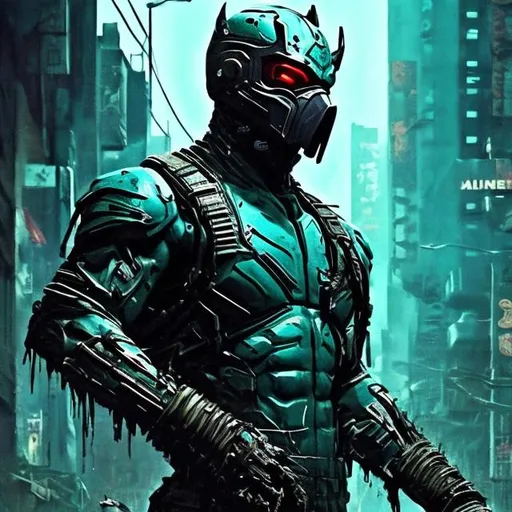 Prompt: Panther very dark turquoise and black camouflage pattern. Muscular full body. Imperfect, Gritty, Todd McFarlane style futuristic army-trained villain rhino spawn. full face mask. Bloody. Hurt. Damaged. Accurate. realistic. evil eyes. Slow exposure. Detailed. Dirty. Dark and gritty. Post-apocalyptic Neo Tokyo .Futuristic. Shadows. Sinister. Armed. Fanatic. Intense. 