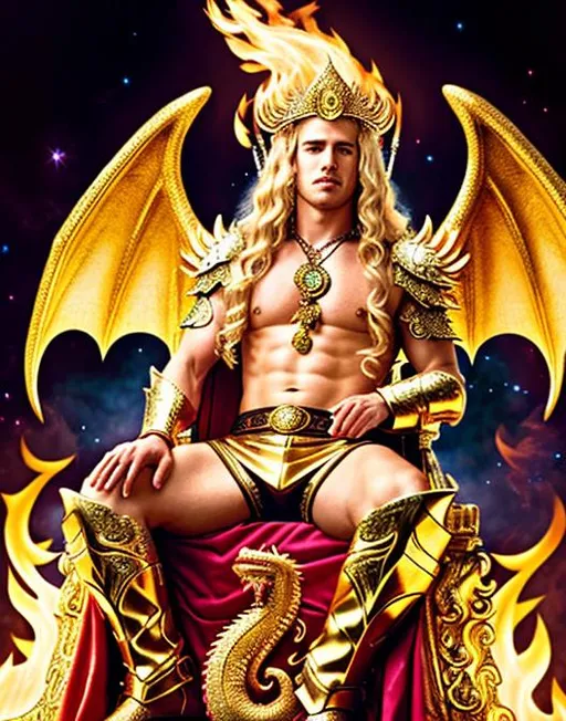 Prompt: An handsome angel with long wavy blonde hair sitting on a jeweled throne with a fire breathing dragon by his side, ultra detailed, highly detailed scenario , photorealistic detailed intricate masterpiece UHD HDR symmetric coherent epic hyperdetailed stunning beautiful