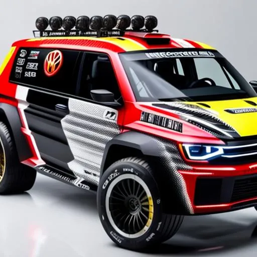 Prompt: Specced out rally version of the vw transporter, with a v12 in the back, with an enormous and complicated tear wing