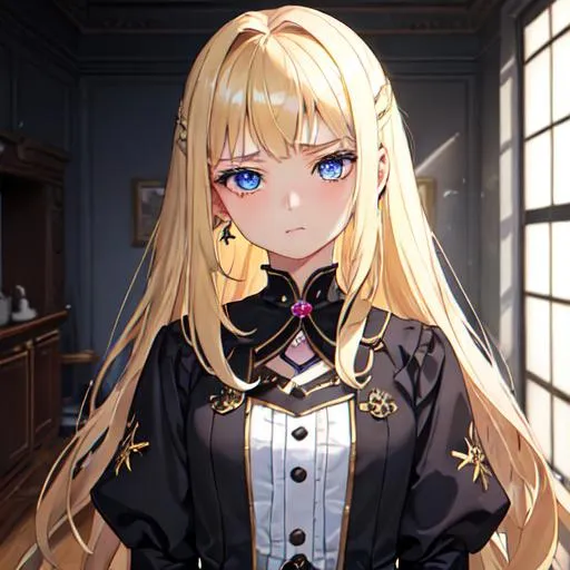 Prompt: A 12-year-old girl fixes a disdainful gaze upon the viewer, radiating an unexpected air of dominance and might despite her small stature. Her aura exudes authority, filling the room with her presence. With her cold blue eyes and blonde hair, she gives off an almost vampiric vibe due to her piercing gaze. She's clad in a World War 2 German military uniform, her hair haphazardly tied up, and she sports an oversized peaked cap that adds a touch of charm to her appearance.