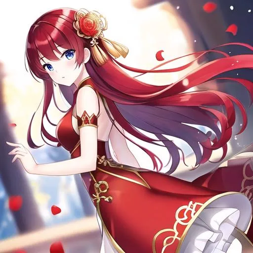 Prompt: chinese,princes,autdoor backgraund,forest,red hair,blueyes,red chinise wedding dres,