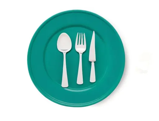 Prompt: a fork spoon and bread spreader of white colour with green background logo