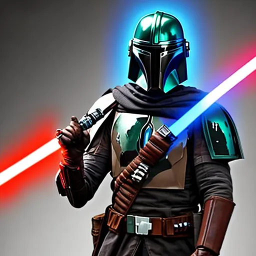 Prompt: Star Wars Mandalorian holding blue lightsaber