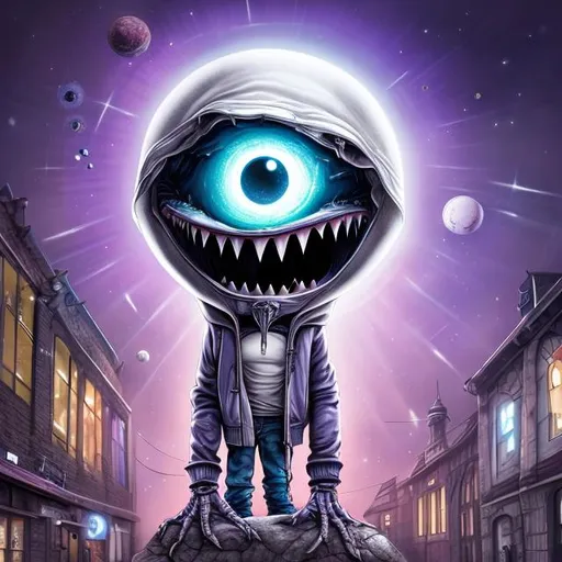 Prompt: one-eyed humanoid, white sphere-shaped head, large mouth full of sharp teeth, Wears a purple hoodie and blue jeans, urban background, Tim Burton