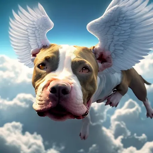 Prompt: Very loving pitbull smiling floating into the clouds with wings of an angel.
