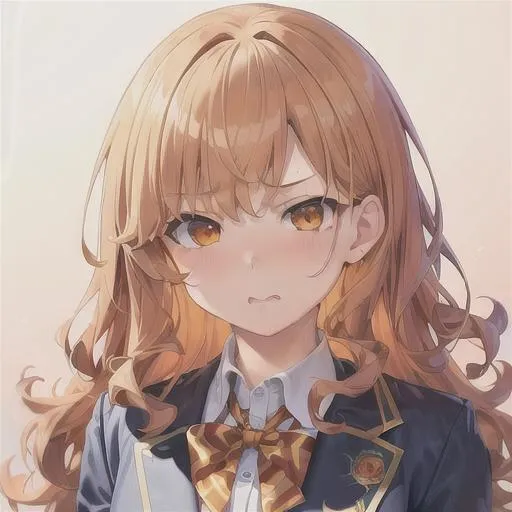 Prompt: (masterpiece, illustration, best quality:1.2), small girl, tsundere, cute, tsundere, frustrated tsundere expression, portrait, curly yellow hair, orange eyes, wearing school uniform, best quality face, best quality, best quality skin, best quality eyes, best quality lips, ultra-detailed eyes, ultra-detailed hair, ultra-detailed, illustration, colorful, soft glow, 1 girl, leading into a desk