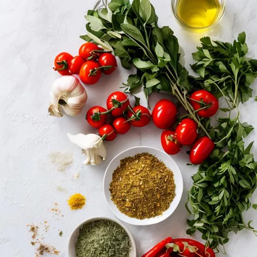 Prompt: Photo of the below ingredients on a clean white bright kitchen table with white space in the middle.
lamb meat
carrots
celery
onion
clove of garlic
Roma tomatoes
A few sprigs oregano
1 bay leaf
1 cinnamon stick
chili flakes
2 tbsp olive oil
fresh mint leaves
