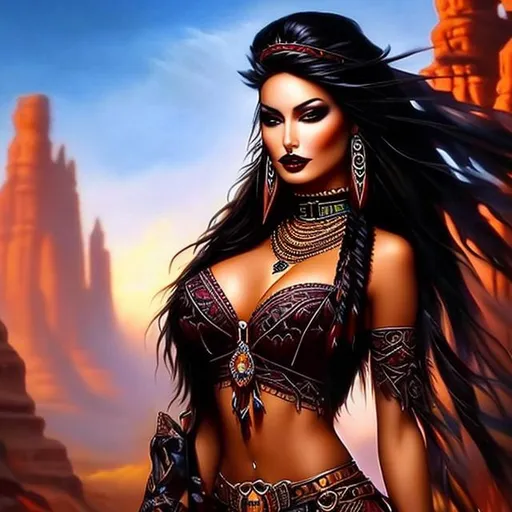 Prompt: Attractive native american woman, J. Scott Campbell, oil painting, the highest quality masterpiece, gothic makeup, 