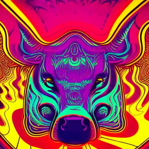 Prompt: Hypnotic illustration of cow, hypnotic psychedelic art by Dan Mumford, pop surrealism, dark glow neon paint, mystical, Behance