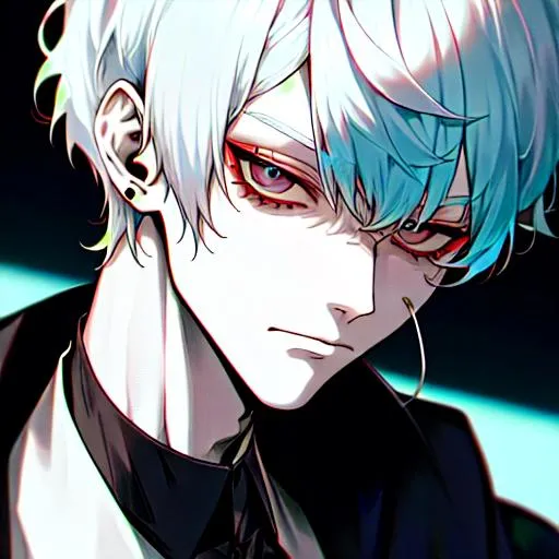 Prompt: Saiko male (short white hair) 8k, UHD, close up, black earrings