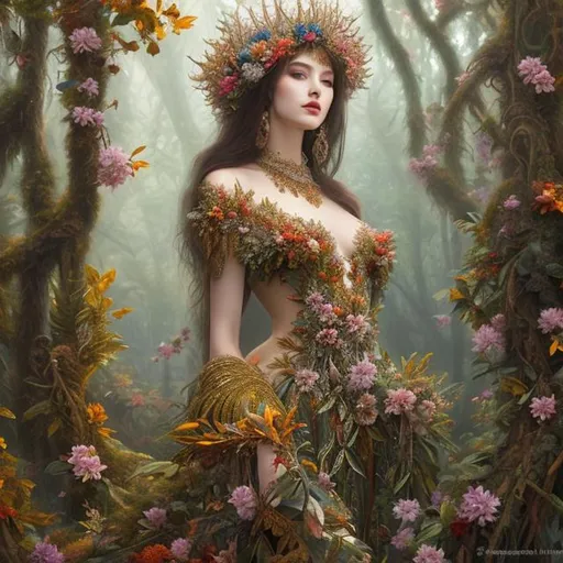 Prompt: Oil painting Queen of the forest and the body dressed by petals, intricate detailed, 8k resolution masterpiece, sharp focus detailed, sf, 