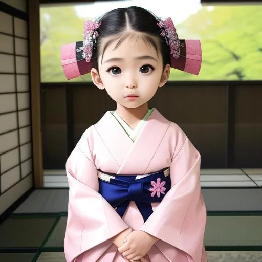 Prompt: extreme high definition, extreme detail, little traditional japanese  girl, traditional japanese furisode, traditional japanese hair set, full body, perfect face, extremely beautiful eyes, extremely beautiful look, natural daylight