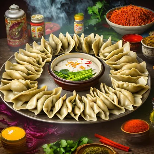 Prompt: A captivating image of a steaming plate of momos placed in the center, surrounded by colorful ingredients like vegetables, herbs, and spices. The artwork showcases the popularity of momos with vibrant colors and a lively composition. The illustration is created in a modern and eye-catching style, with bold lines and intricate details. The color temperature is warm, reflecting the appetizing nature of the dish. Lighting is soft, highlighting the texture and freshness of the ingredients.