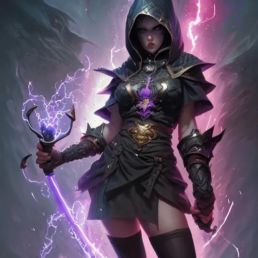 Prompt: Full body potrait, black hooded with nilou with black stocking with short shorts with bursting power energy aura runic tattoo white and purple hammer by peter mohrbacher, beautiful face, cute nose, beautiful red eyes, beautiful legs, masterpiece, 8K