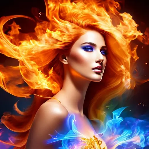 Prompt: Female, Flame Elemental, Beautiful, Blue, Golden hues