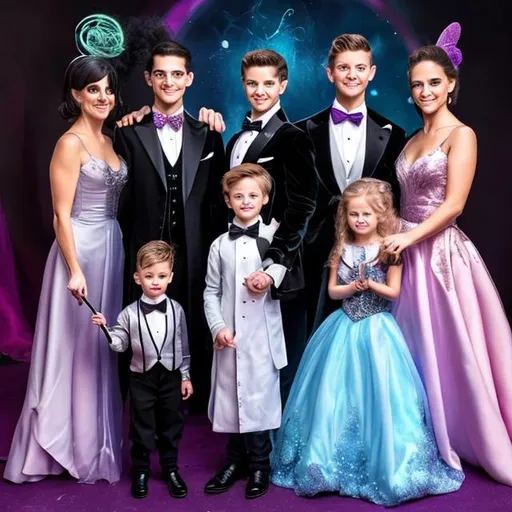 Prompt: Family of male magicians all warring tuxedos with bow ties and and fairy godmothers in ball gowns holding their magic wands that they can cast magic spells with