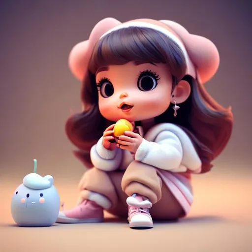 Prompt: tiny cute baby girl with apple, brown long curly hair, sitting character, soft smooth lighting, soft pastel colors, skottie young, 3d blender render, polycount, modular constructivism, pop surrealism, physically based rendering, square image