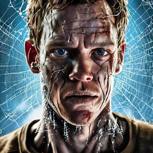 Prompt: An intense close-up image of Stu Macher, portrayed by Matthew Lillard, his face marred by a complex web of scars. The scars traverse his forehead, cheek, and jawline, giving his once-boyish features a rugged and weathered appearance.
 illustrated in color by Grant Morrison 