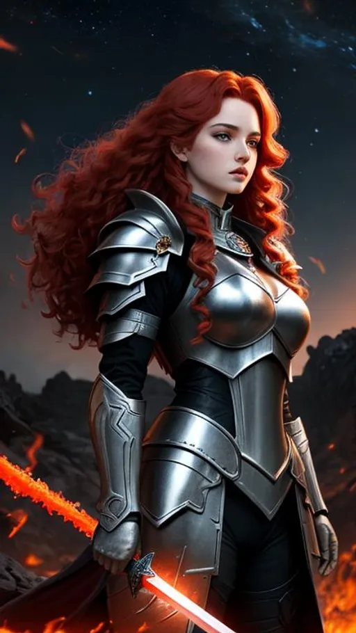 Prompt: a Caucasian woman with long curly red hair in silver crusader armor with a sword in the middle of a dark crater filled with glowing lava. the sky is dark and she is surrounded by golden fire. Behance hd,