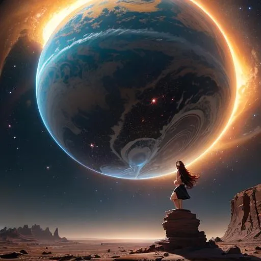 Prompt: Create a high-resolution head and shoulders painting of a planet-sized, gorgeous giantess bursting out of the Earth's crust. The scene should be intense and dramatic with cinematic lighting that highlights her stunning features. The artwork should be inspired by the styles of Norman Rockwell, Craig Mullins, and Ross Tran, and should be in 4K resolution. The focus should be on the giantess's face and upper body as she emerges from the planet, and the overall effect should be awe-inspiring and powerful.