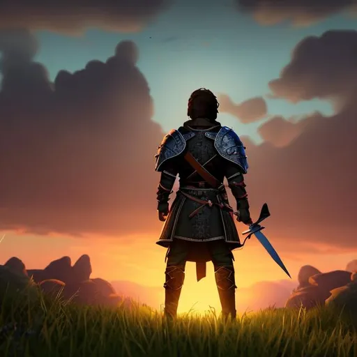 Prompt: a hero. in a medieval rpg game. he is looking to sunset on a mound. he has a sword in his waist. we see him from behind. he has a green clothes. he has no armor. sunset is in front of him.