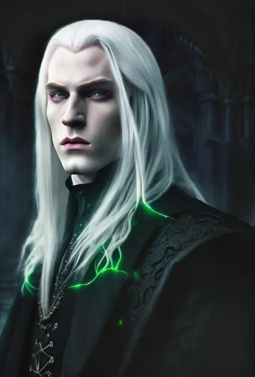 Prompt:  8K, HD, 3D, portrait of wicked dark wizard, albino male, beautiful face, handsome male, dynamic pose,pale beautiful face, grey stunning eyes, delicate face, extra long white straight hair, elegant green wizard clothes, intricate, detailed, charming male, light contrast, noble, perfect anatomy, gothic dark room ambient, perfect male beauty, golden ratio