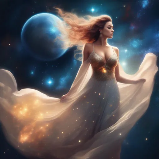 Prompt: A Goddess in a flowing dress, incredible all body form of a incredible bodied, incredibly beautiful faced woman with a buxom perfect body falling backwards through space, nebulas, stars, planets, the milky way and galaxies