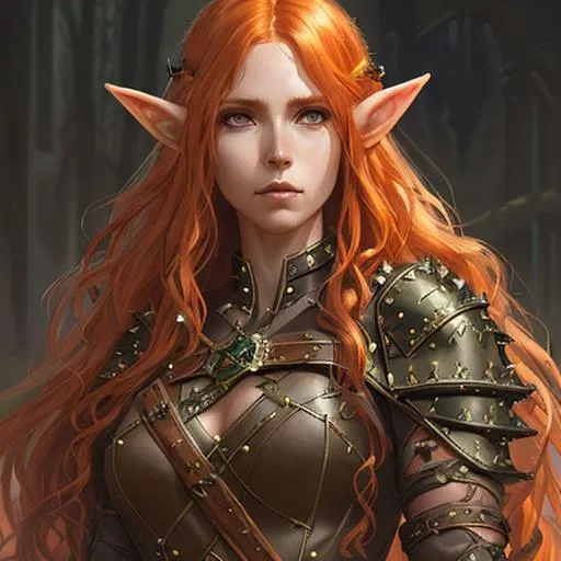 Prompt: portrait of a female eladrin elf Gloom Stalker Ranger with long wavy ginger hair wearing a Studded Leather Armor, half body, fantasy, highly detailed, digital painting, artstation, concept art, character art, art by greg rutkowski and tyler jacobson and alphonse mucha