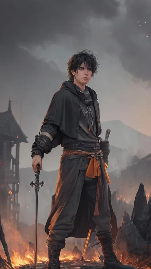 Prompt: A battered and raged Caucasian male with short black hair, a black cloak, baggy pants and a purple eldritch-spear in hand. He is leaning on his spear in the middle of a burning villiage as ash and glowing orange sparks fall gently from the grey sky