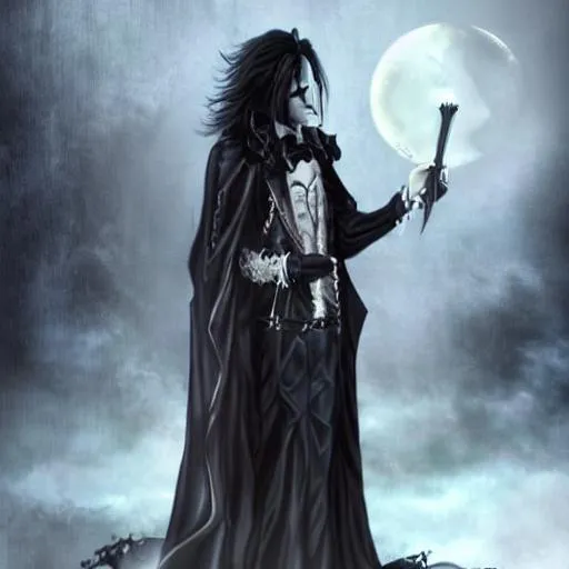 Prompt: gothic male, vampire with shadowy long black hair and Victorian fashion, dark fantasy character concept