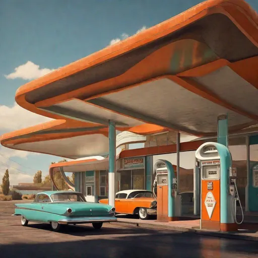 Prompt: Late 1950s 1960s Retro-Futuristic gas station. Googie Architecture. High Quality, Detailed. Rusty apocalypse, fallout style