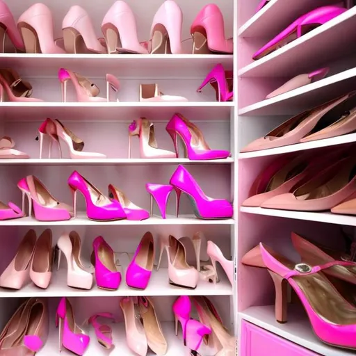 Prompt: pink high heels, sitting on a pink shelf, in a pink walk-in closet filled with lots of other pink shoes