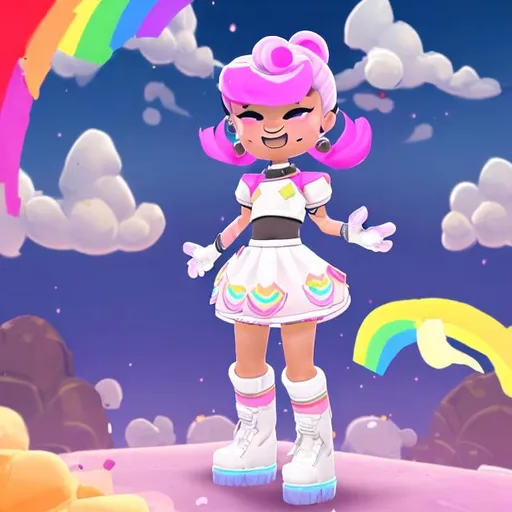 Prompt: Female cookie run character With Cloudy hair, White Top, White Gloves, Rainbow Skirt, Rainbow Accessories and White Boots