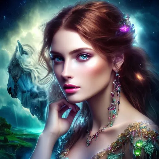 Prompt: HD 4k 3D 8k professional modeling photo hyper realistic beautiful woman ethereal greek goddess of fresh water and clouds
dark red hair green eyes gorgeous face pale skin jewelry and winged tiara full body surrounded by magical glowing light hd landscape background wading in rivers streams fountains clouds