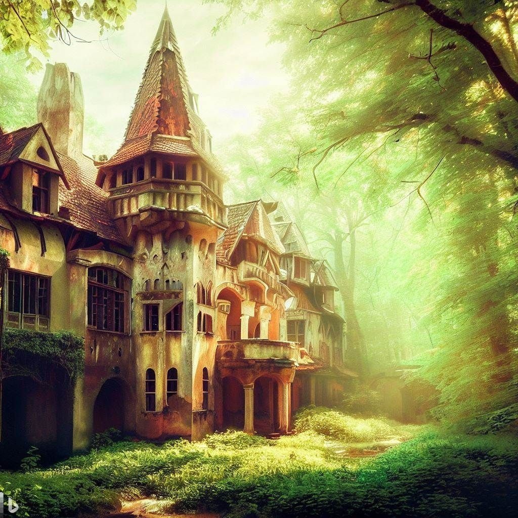 Prompt: gorgeous abandoned medieval mansion in a fairytale forest