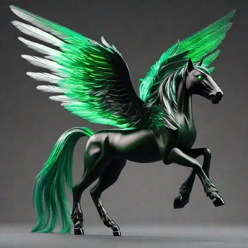 Prompt:  small twisted pegasus animatronic hybrid, with focused emerald eyes. They identify as a Male. Emerald colored feathery wings and tail. dark Green ombre mane and tail. UHD, HD, 4K, green haze, green and black coat, anime