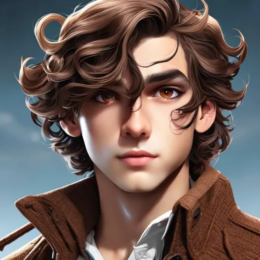 Prompt: an aldult handsome men with Pigtails soft brown wavy hair, soft brown eyes with red untertone, realistic, digital art, 64k