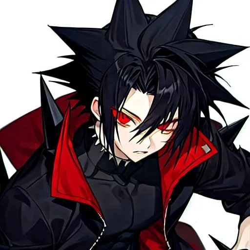 Prompt: Anime boy with spiky black hair and dark red eyes