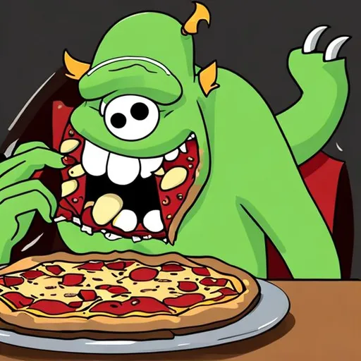 Prompt: a monster eating a pizza