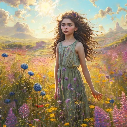Prompt: 4k, highly detailed, realistic oil painting of a girl with black hair and piercing green eyes, walking through a sunlit field of wildflowers, flowing dress with intricate floral patterns, warm and vibrant color palette, natural sunlight casting soft shadows, realistic, oil painting, detailed flora, serene atmosphere, green-eyed girl, flowing dress, natural light, vibrant colors, idyllic scenery